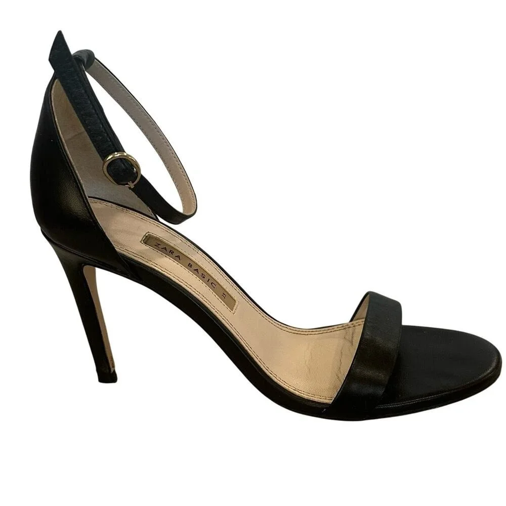 Zara Basic Heeled Sandals Womens 39 Black Good Ankle Strap Stiletto Open Toe